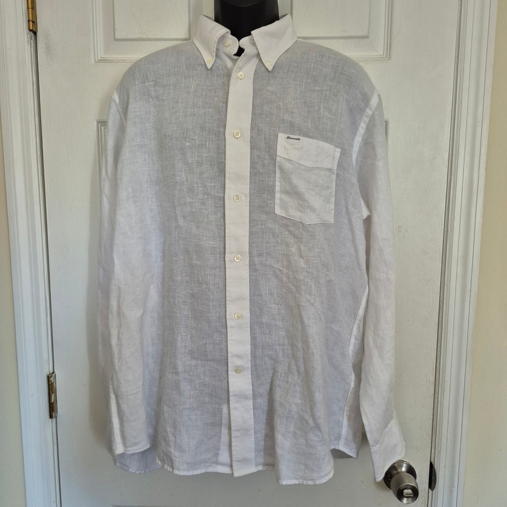 Faconnable Classique White 100% Linen Button Down Shirt Mens Large Long Sleeve